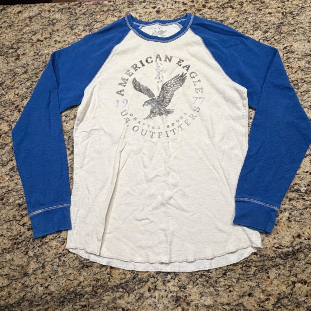 American Eagle Heritage Thermal Shirt Mens XL Blue Cream Raglan Eagle Graphic v
